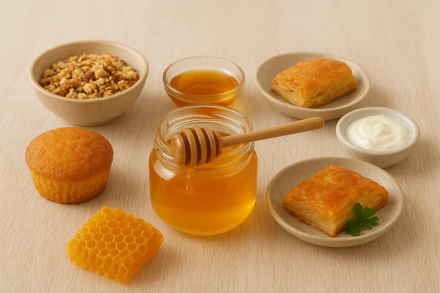 Un pot de miel posé au milieu des plats et gâteau.