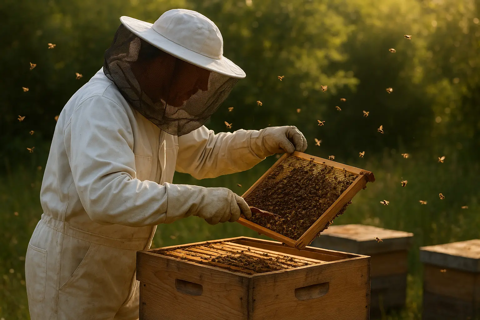 un apiculteur qui tient un cadre de ruche pleine d'abeilles. Il s'apprête à récolter le miel.