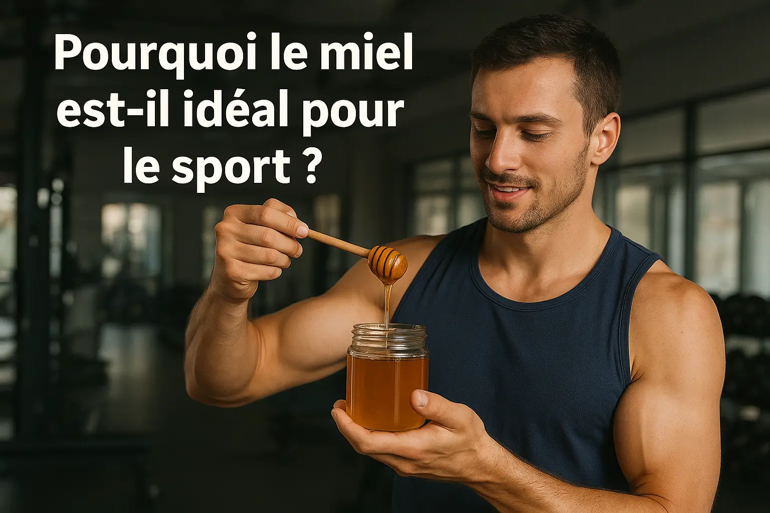 un sportif qui tient un pot de miel dans une main et de l'autre une cuillère en bois pleine de miel.