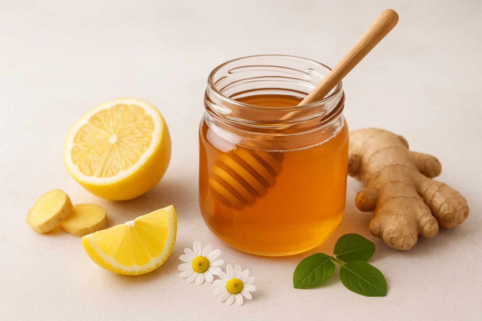 un pot de miel au milieu d'ingrédients tel que du citron, gingembre et deux pâquerettes.