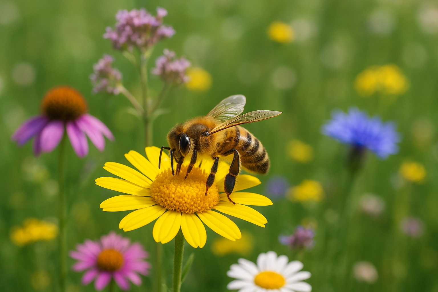 une abeille qui butine une fleur parmi d'autres fleurs.