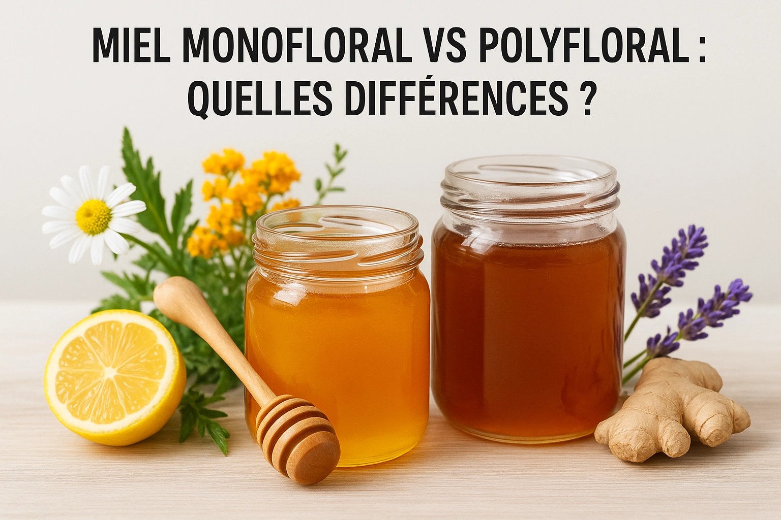 Deux pots de miel différents. D'un côté, il y aune fleur de lavande et de l'autre plusieurs fleurs jaune.